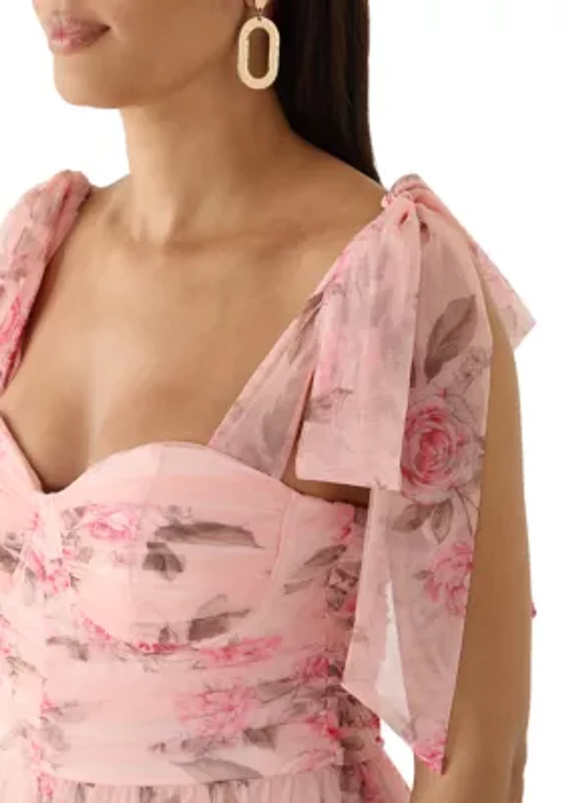 Women's Sweetheart Neckline Tiered Print Mesh Gown