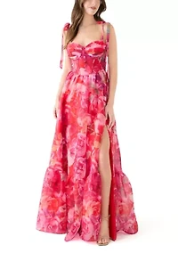 Women's Sleeveless Tie Watercolor Print Organza Gown