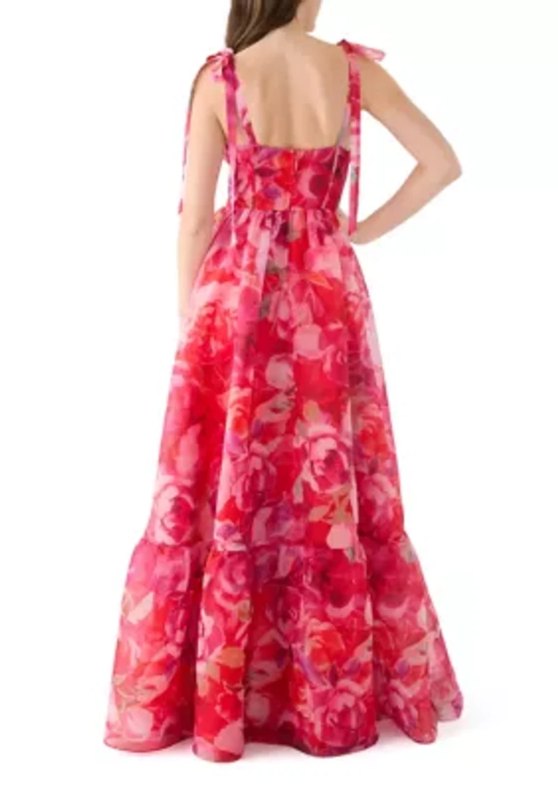 Women's Sleeveless Tie Watercolor Print Organza Gown