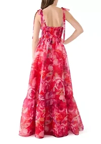 Women's Sleeveless Tie Watercolor Print Organza Gown