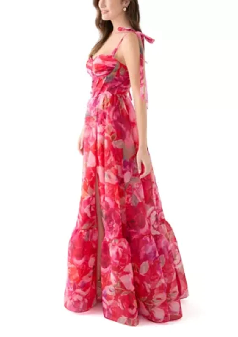 Women's Sleeveless Tie Watercolor Print Organza Gown