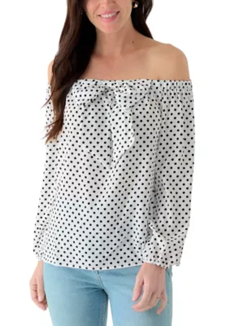 Women's Over The Shoulder Polka Dot Bow Blouse