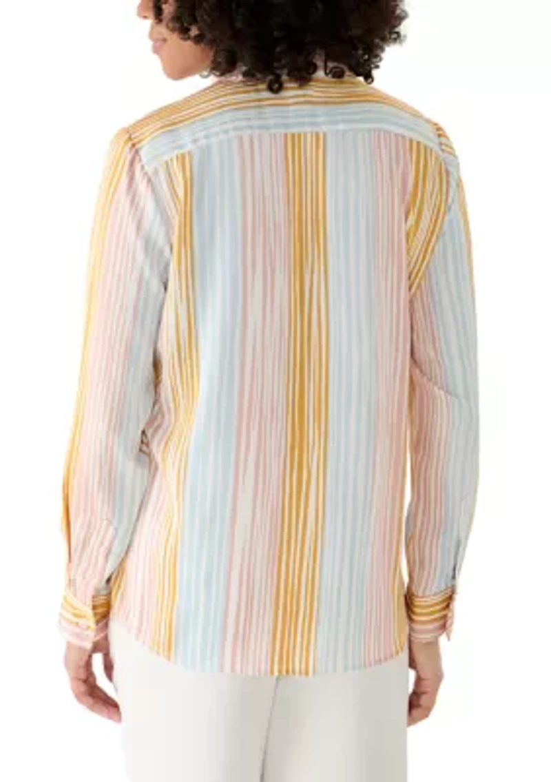 Women's Long Sleeve Button Front Striped Blouse