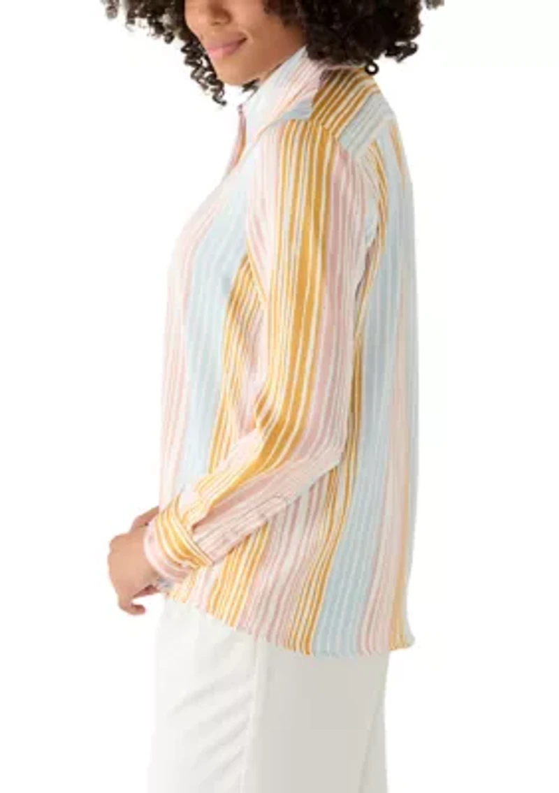 Women's Long Sleeve Button Front Striped Blouse