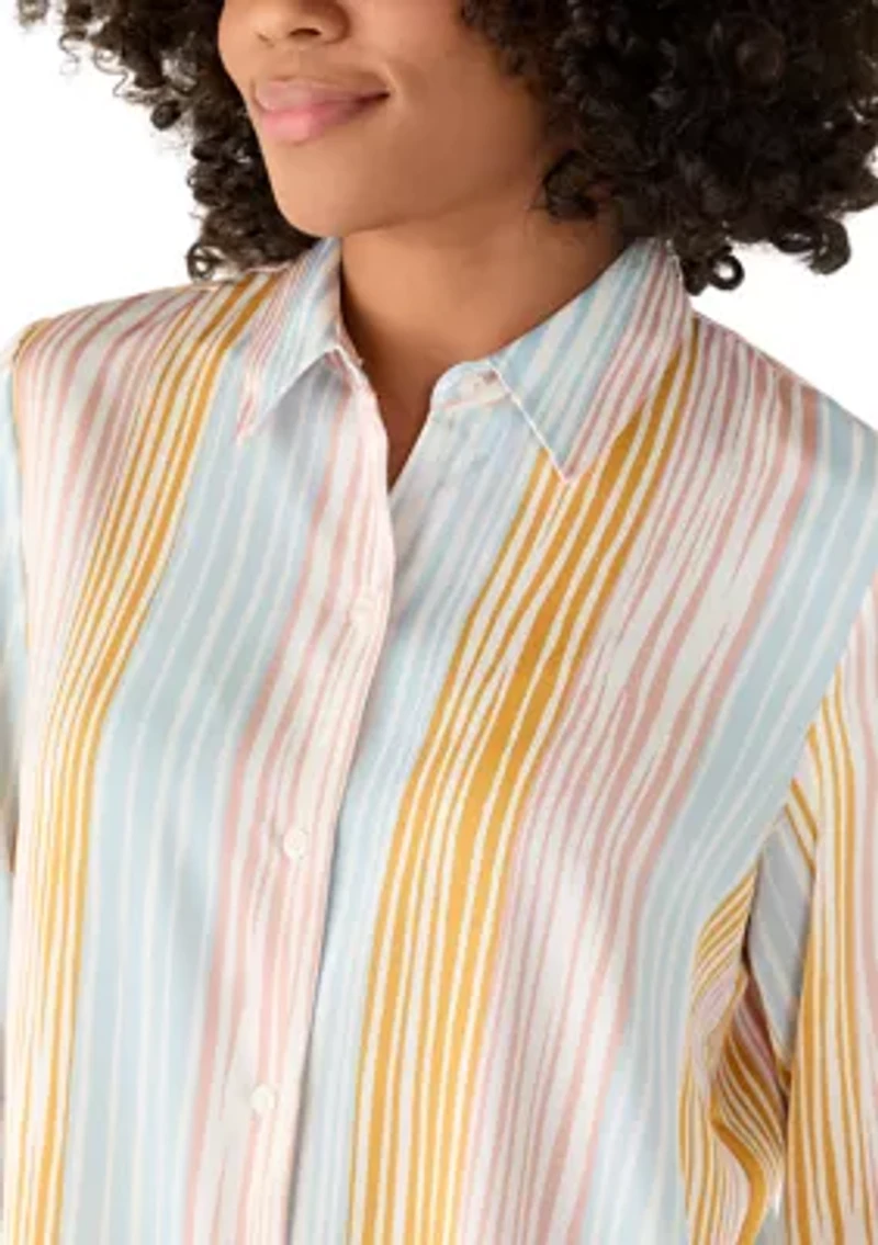 Women's Long Sleeve Button Front Striped Blouse
