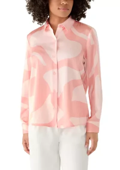 Women's Long Sleeve Button Front Swirl Printed Blouse