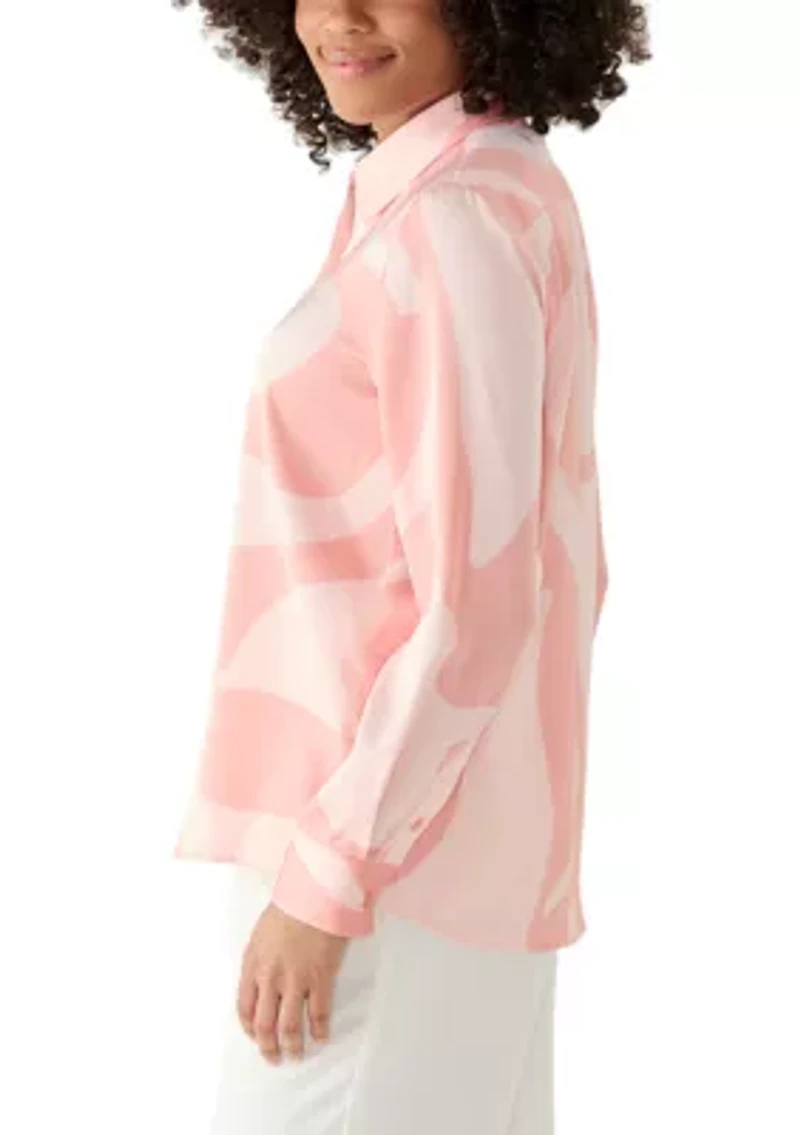 Women's Long Sleeve Button Front Swirl Printed Blouse