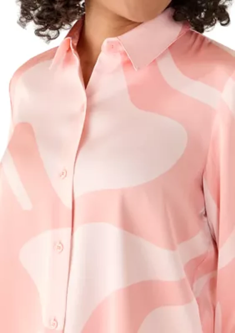 Women's Long Sleeve Button Front Swirl Printed Blouse
