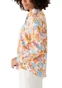 Women's Long Sleeve Button Front Floral Printed Blouse