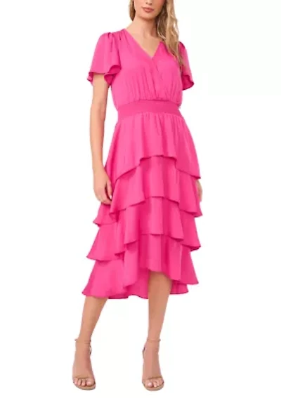 Women's Flutter Sleeve Surplice Tiered Dress