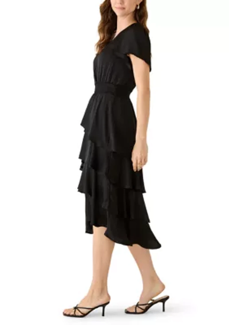 Women's Flutter Sleeve Surplice Tiered Dress