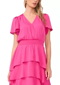 Women's Flutter Sleeve Surplice Tiered Dress