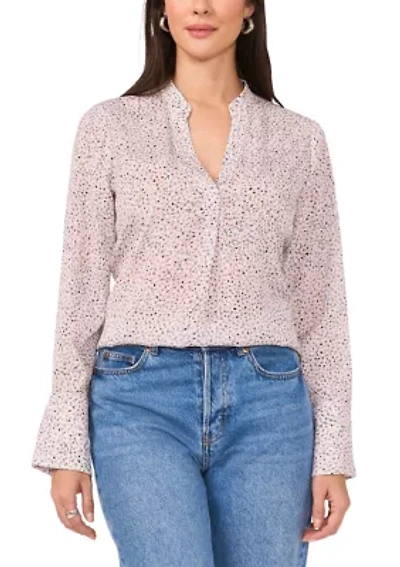 Women's Long Sleeve Split Neck Printed High Low Blouse