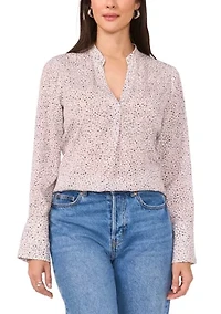 Women's Long Sleeve Split Neck Printed High Low Blouse