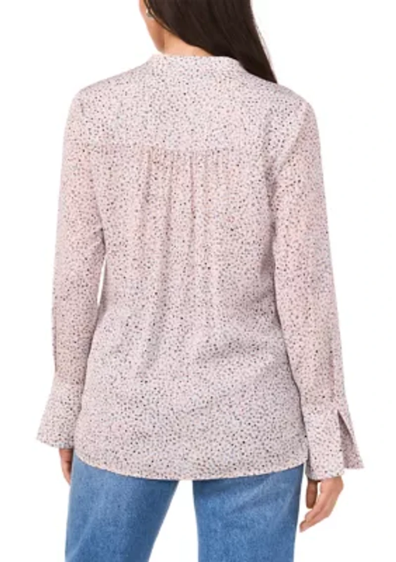 Women's Long Sleeve Split Neck Printed High Low Blouse