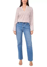 Women's Long Sleeve Split Neck Printed High Low Blouse