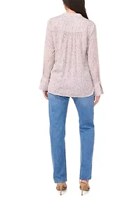 Women's Long Sleeve Split Neck Printed High Low Blouse