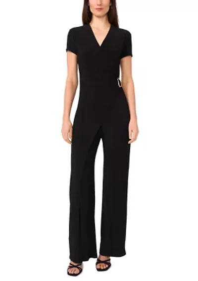 Women's Short Sleeve Side Buckle V-Neck Wrap Jumpsuit