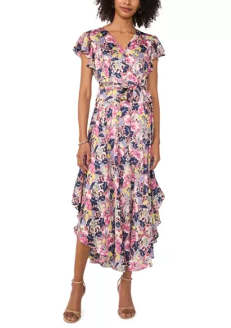 Women's Flutter Sleeve Tie Waist Floral V-Neck Dress