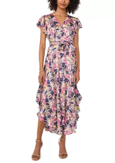 Women's Flutter Sleeve Tie Waist Floral V-Neck Dress