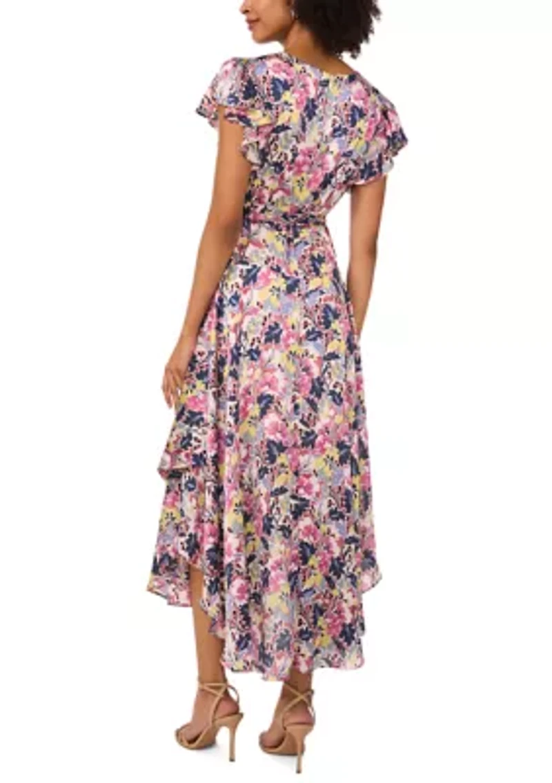 Women's Flutter Sleeve Tie Waist Floral V-Neck Dress