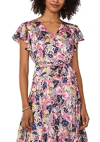 Women's Flutter Sleeve Tie Waist Floral V-Neck Dress