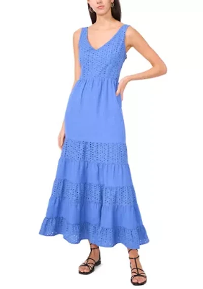 Women's Sleeveless V-Neck Eyelet Tier Dress