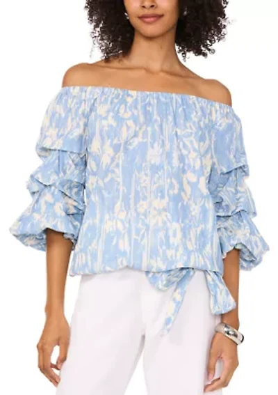 Women's Printed Tie Waist Off the Shoulder Blouse