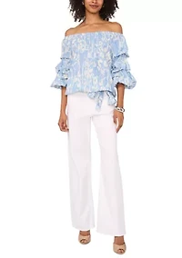 Women's Printed Tie Waist Off the Shoulder Blouse