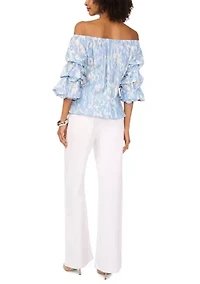 Women's Printed Tie Waist Off the Shoulder Blouse