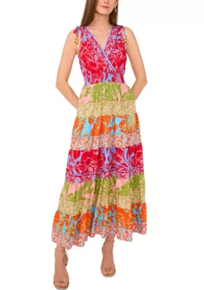 Women's Sleeveless Surplice Mixed Printed Maxi Dress