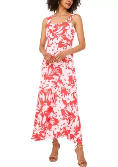 Women's Square Neck Floral Printed Challis Dress