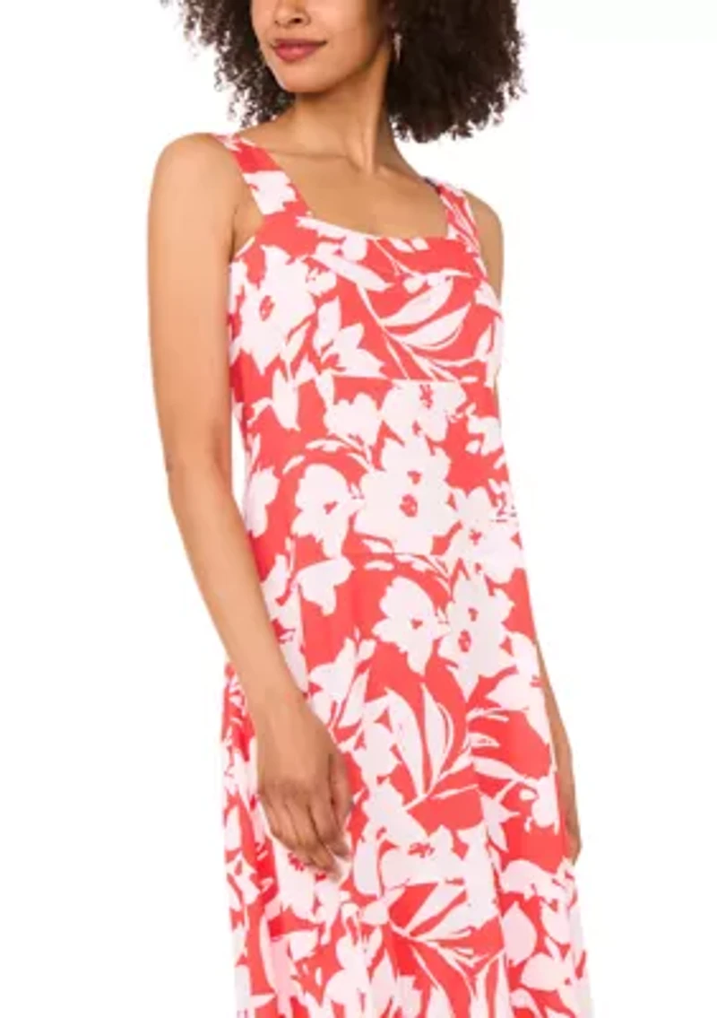 Women's Square Neck Floral Printed Challis Dress