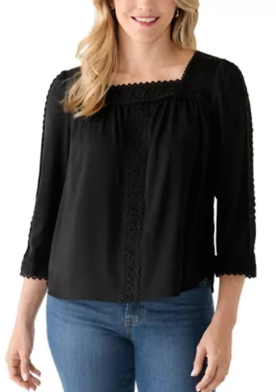 Women's 3/4 Sleeve Square Neck Lace Yoke Blouse