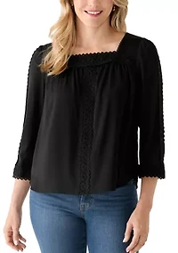 Women's 3/4 Sleeve Square Neck Lace Yoke Blouse