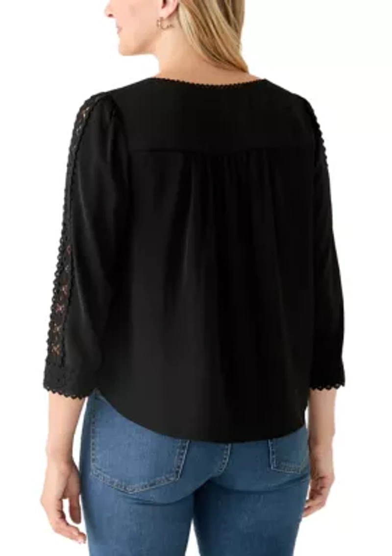 Women's 3/4 Sleeve Square Neck Lace Yoke Blouse