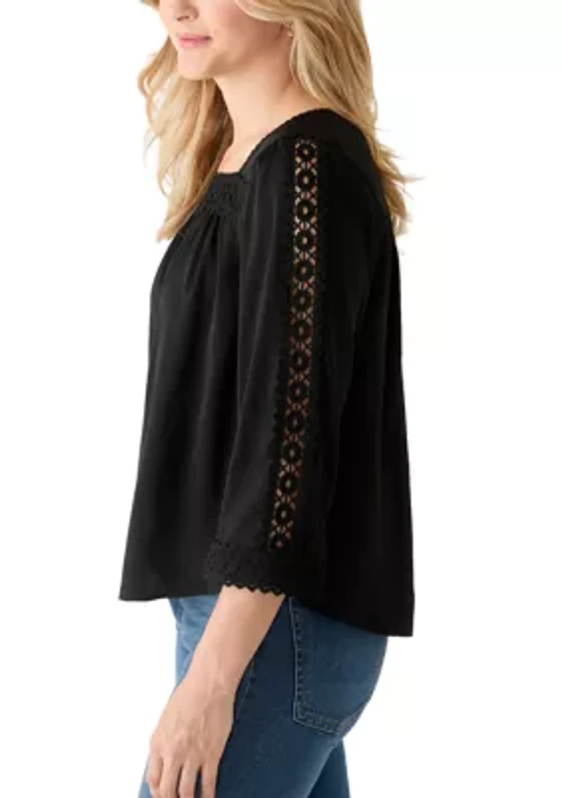Women's 3/4 Sleeve Square Neck Lace Yoke Blouse