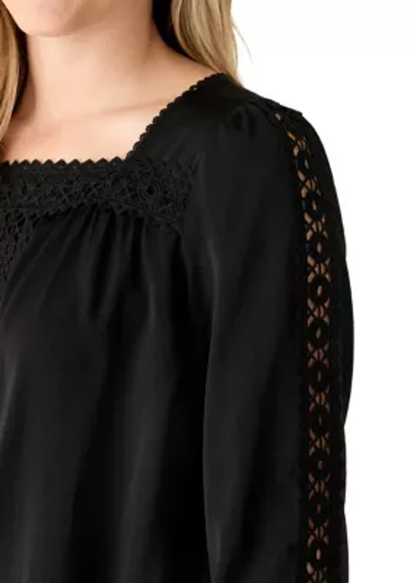 Women's 3/4 Sleeve Square Neck Lace Yoke Blouse