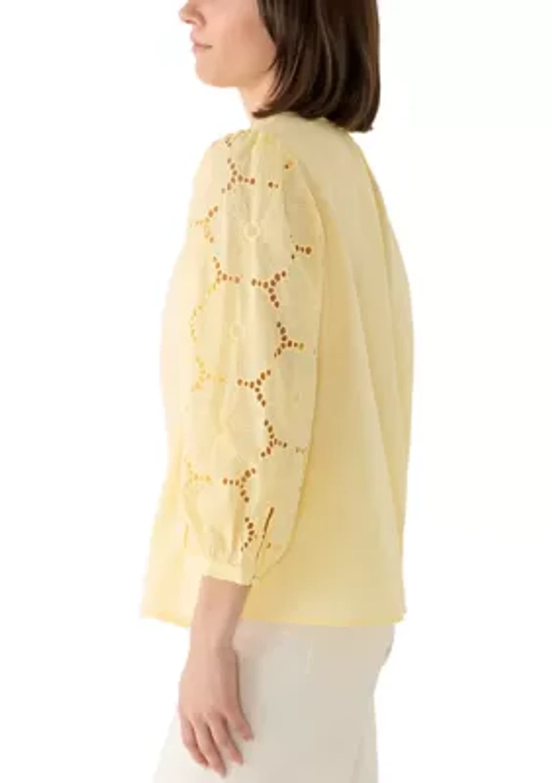 Women's Eyelet Sleeve Split Neck Blouse