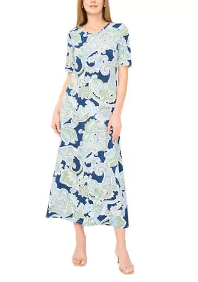 Women's Short Sleeve Border Maxi Dress