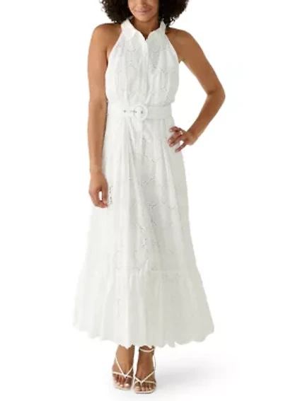 Women's Sleeveless Belted Eyelet Dress