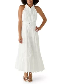 Women's Sleeveless Belted Eyelet Dress