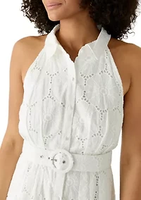 Women's Sleeveless Belted Eyelet Dress