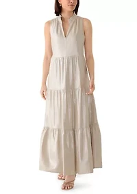Women's Sleeveless Split Neck Metallic Linen Dress