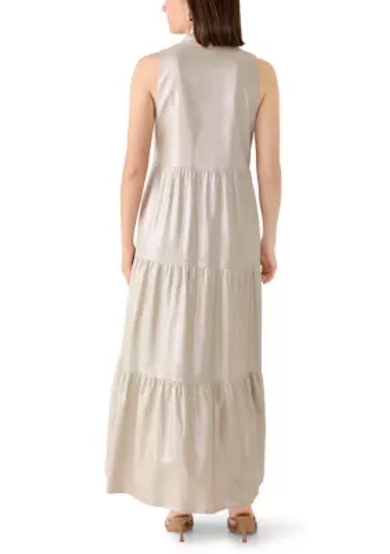 Women's Sleeveless Split Neck Metallic Linen Dress