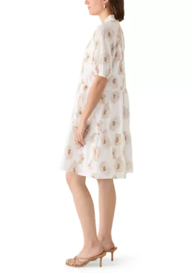 Women's Short Sleeve Floral Embroidered Split Neck Dress