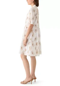 Women's Short Sleeve Floral Embroidered Split Neck Dress