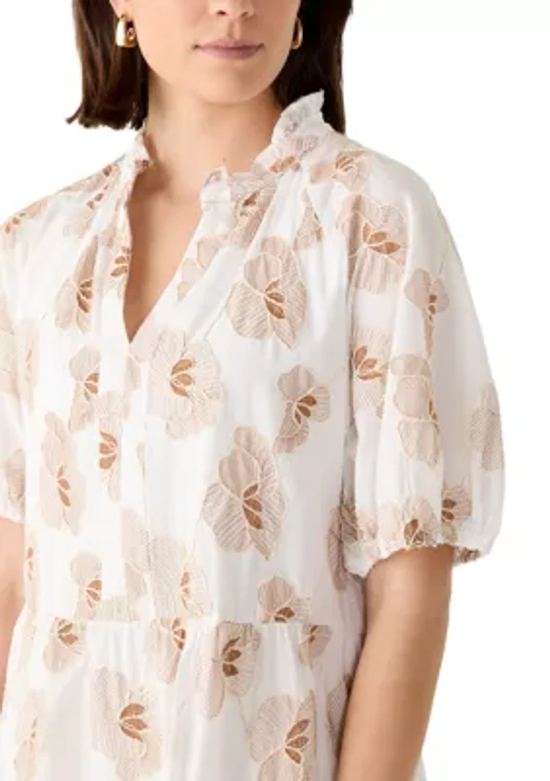 Women's Short Sleeve Floral Embroidered Split Neck Dress