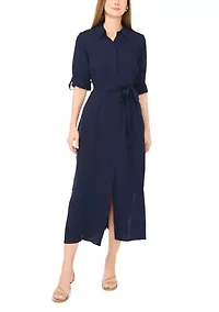 Women's Roll Sleeve Tie Waist Shirt Dress