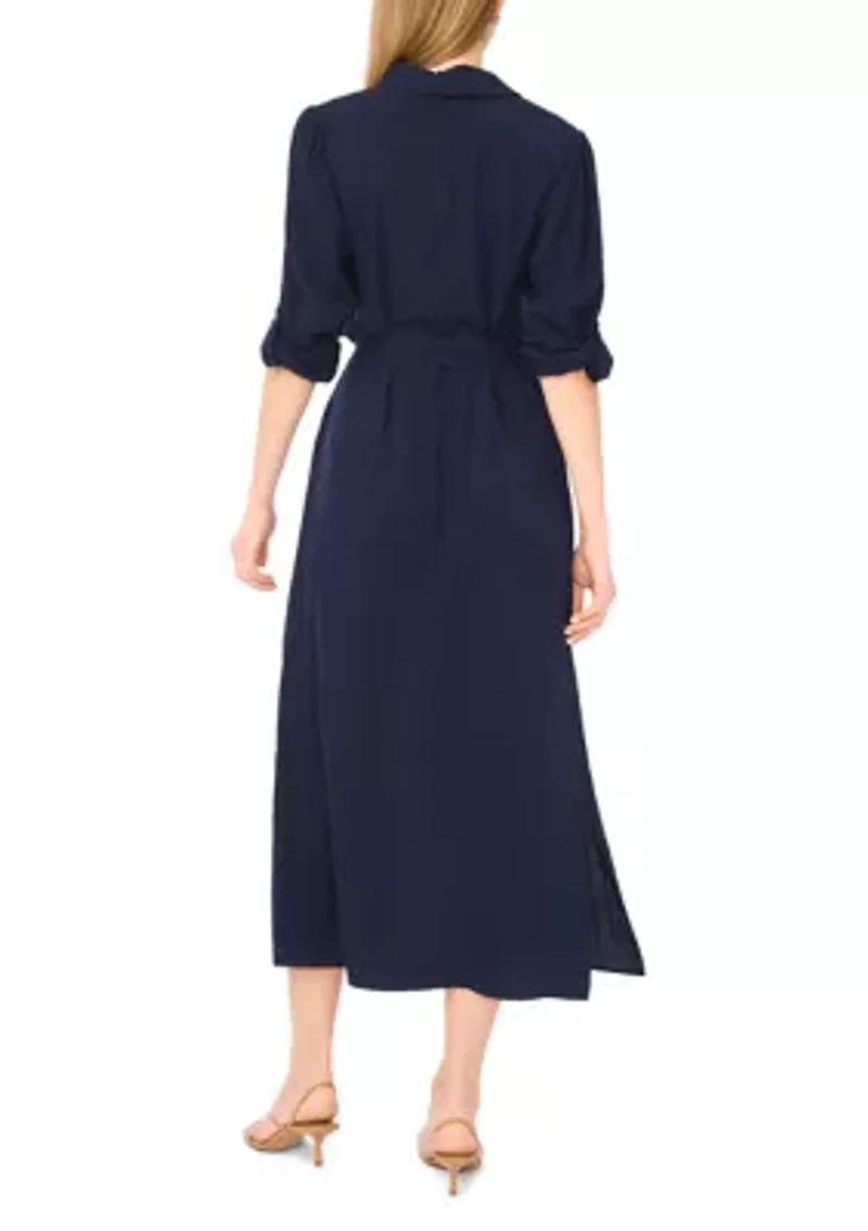 Women's Roll Sleeve Tie Waist Shirt Dress